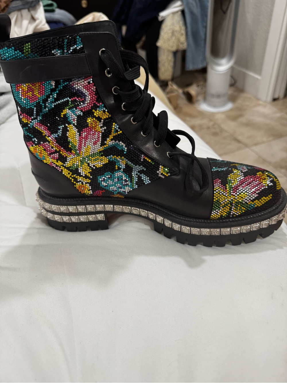 Christian Louboutin Black Lace-Up Combat Boots with Multicolor Floral Beadwork